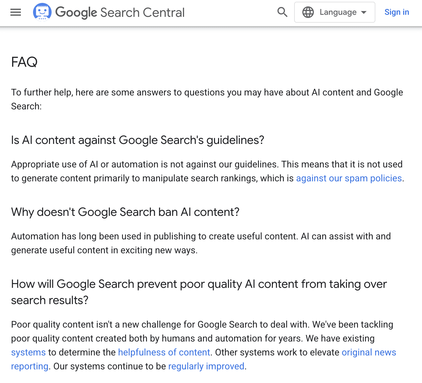 Google's stance on AI generated content