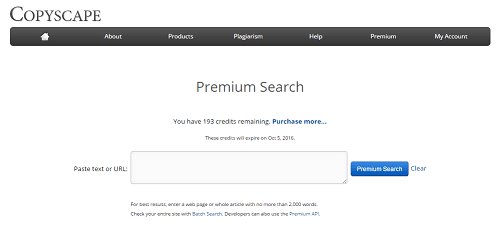 Copyscape premium search screen