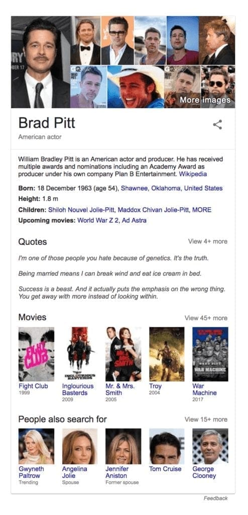 Knowledge panel showing brad pitt