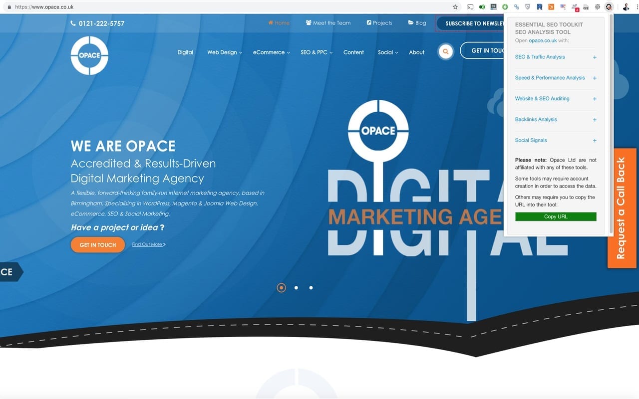 Opace essential seo toolkit (seo analysis tool) chrome extension popup