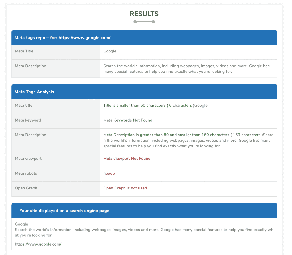 Find seo metadta using a tool