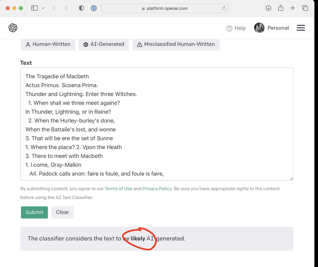 Openai text classifier says macbeth is ai generated