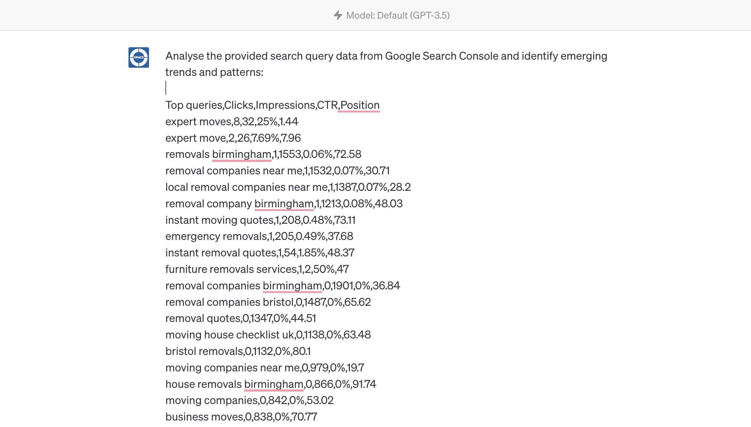 Chatgpt prompt to query google search console csv data