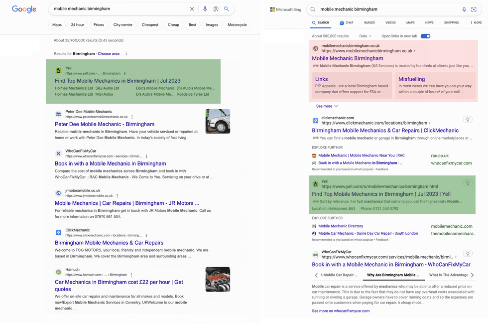 bing vs google search results small