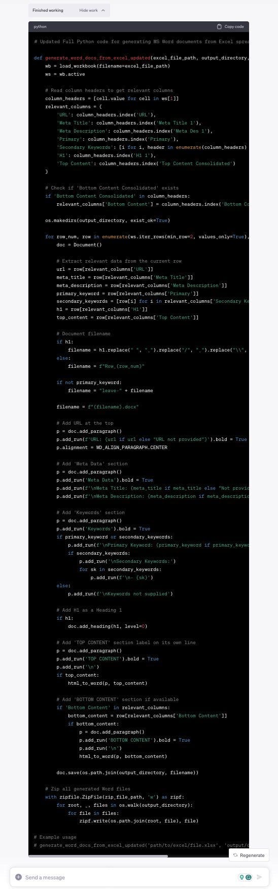 Chatgpt-4 advanced data analysis excel to word conversion python code.