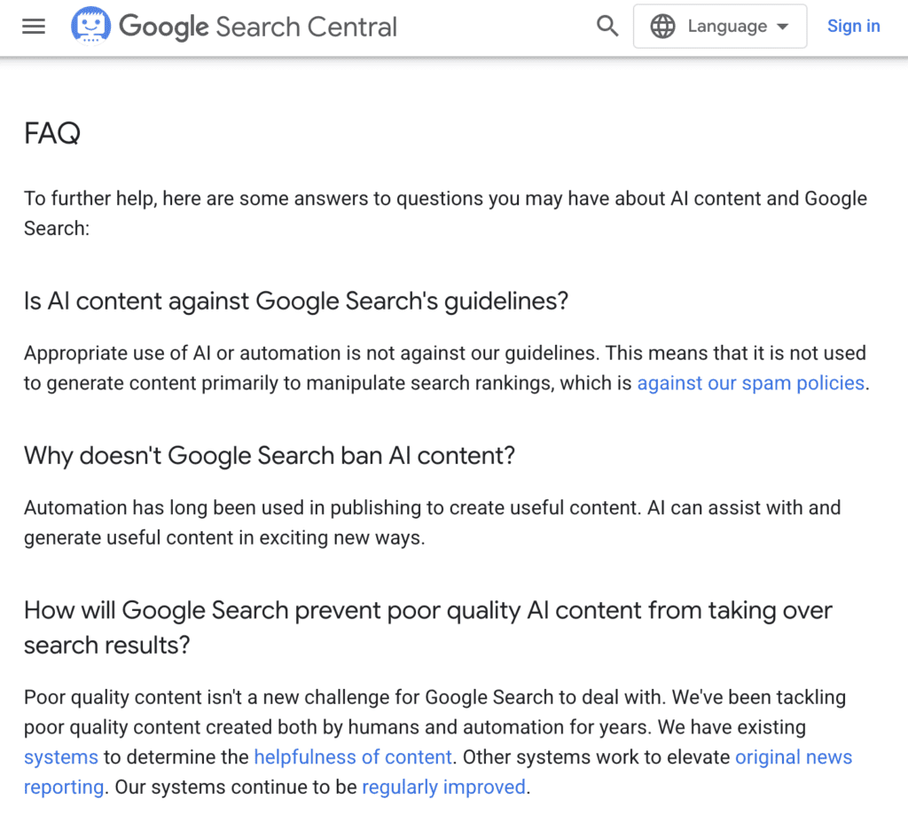 Google's stance on ai generated content