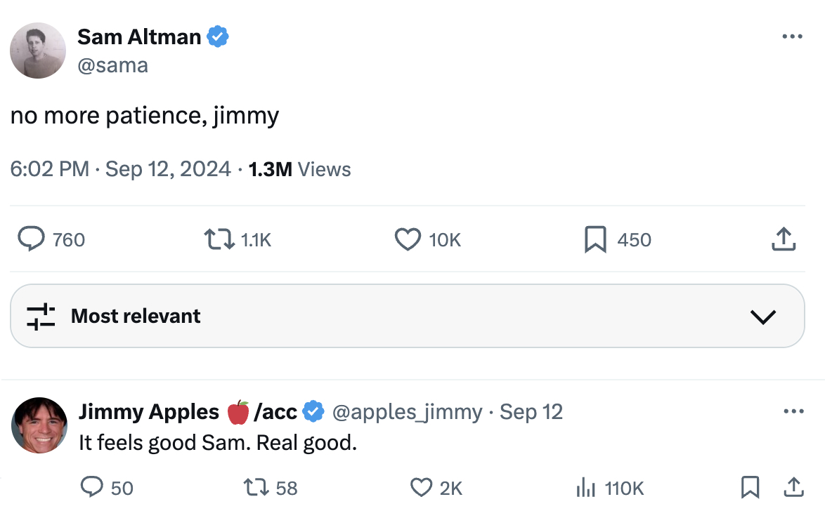 Sam altman no more patience, jimmy jimmy apples it feels good sam