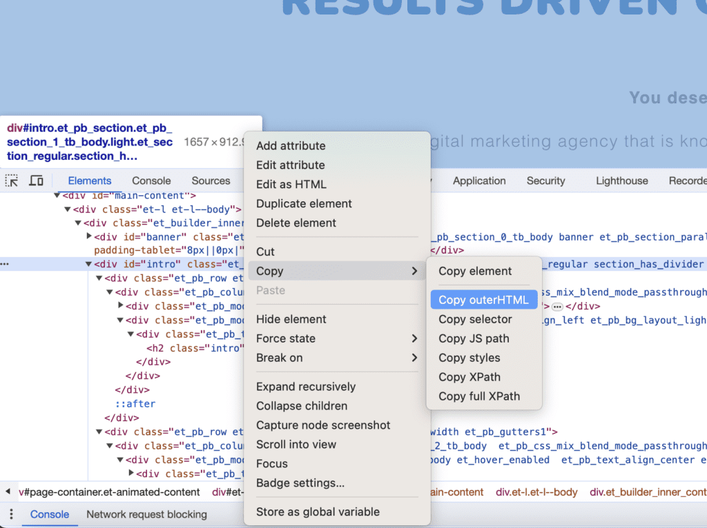 Copy html from browser inspect tool